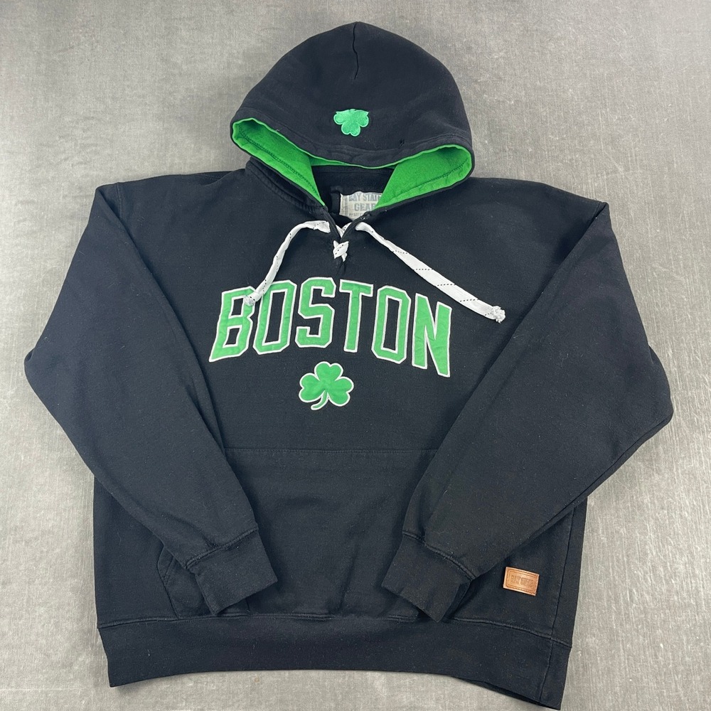 Boston Shamrock Bay State Gear Mens XL Black Hoodie Lace Up Neck Sweatshirt